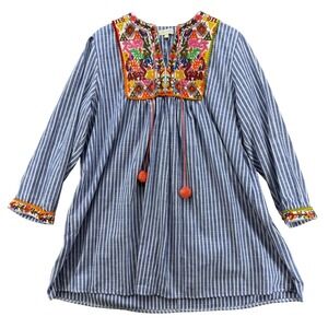 Velzera Embroidered Tunic Top Size 2XL Blue Striped PomPom Boho Cottagecore